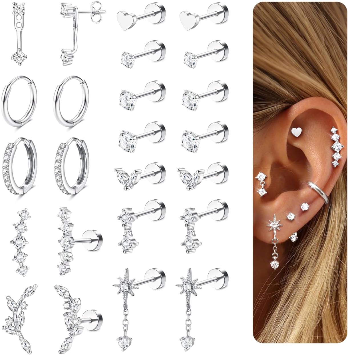Flat Back Earrings-Cartilage Earring Stacks-Surgical Steel Earrings - Small Stainless Steel Flatback Stud Hoop Earring Sets for Helix Tragus Conch - main view
