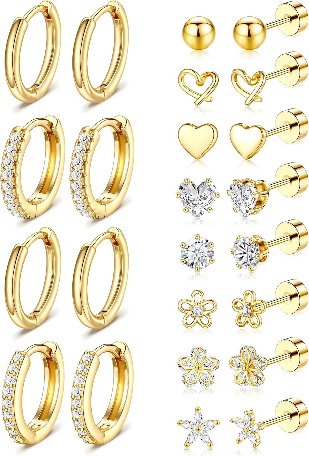 Gold Stud Earrings for Women - 14k Gold Plated Surgical Stainless Steel Flat back Earrings Set Small Huggie Hoop Flatback Earring Screw Back - main view
