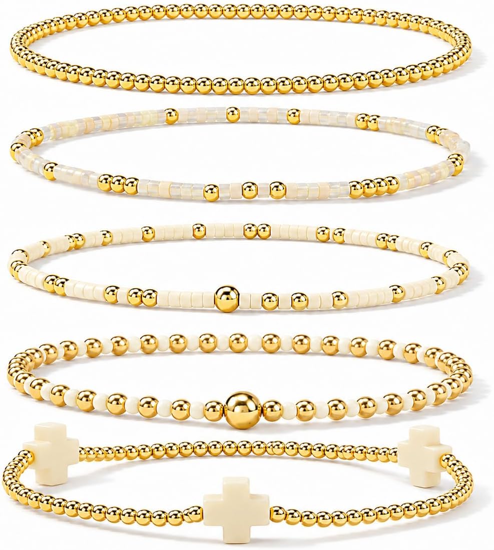 Gold Beaded Cross Bracelet Stack Set for Women with Stretch Fit - main view