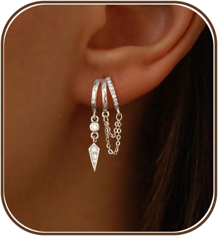 Dangle Earrings for Women, 14k Gold Plated Triple Huggie Stud Earrings Cute Statement Chain Earring Dainty Drop Earrings for Women Trendy Gold Plated - main view