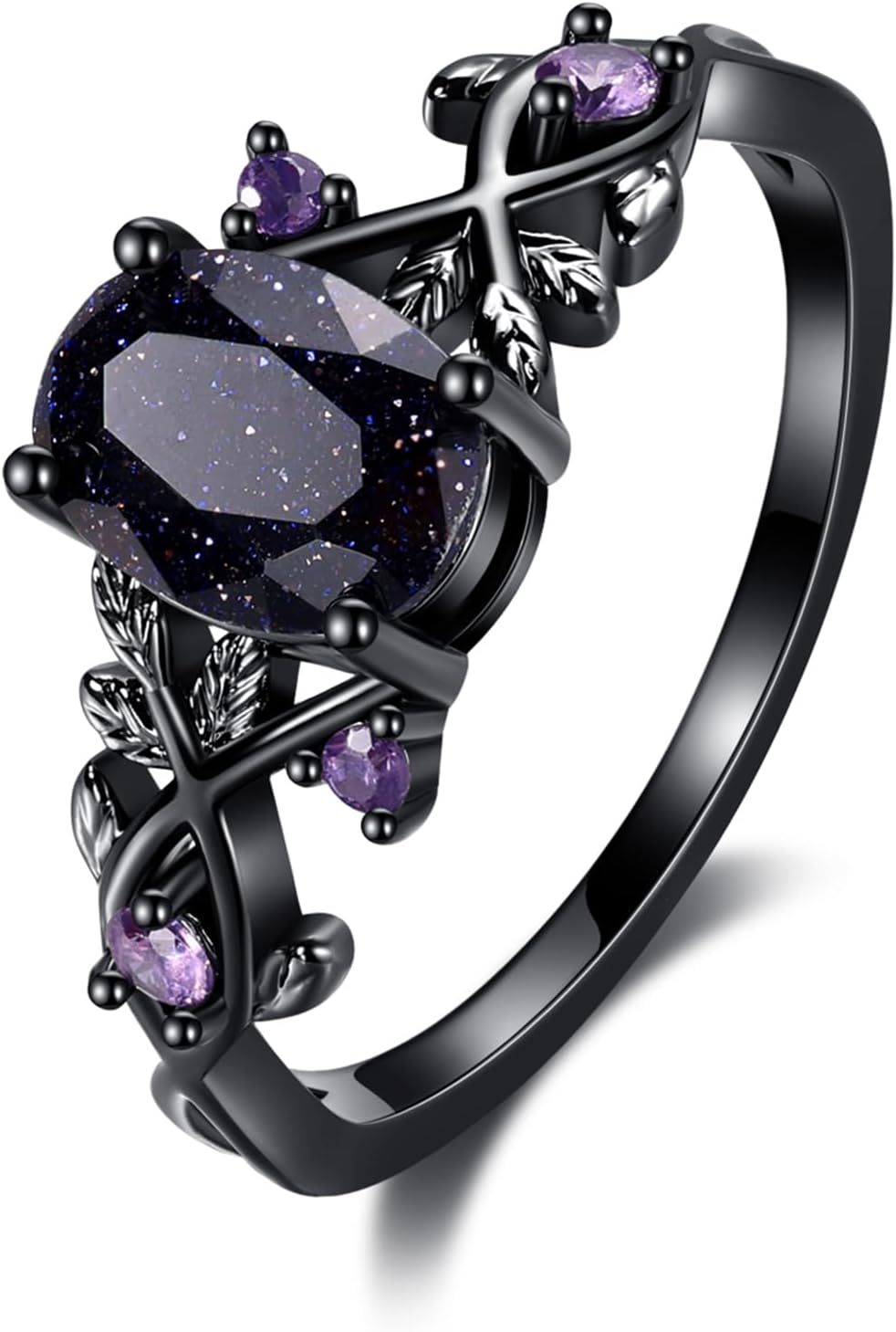 Blue Sandstone Gothic Leaf Ring for Women – 18K Black Gold Plated Vine Promise Statement Ring, Engagement Wedding Band Jewelry Gifts - main view
