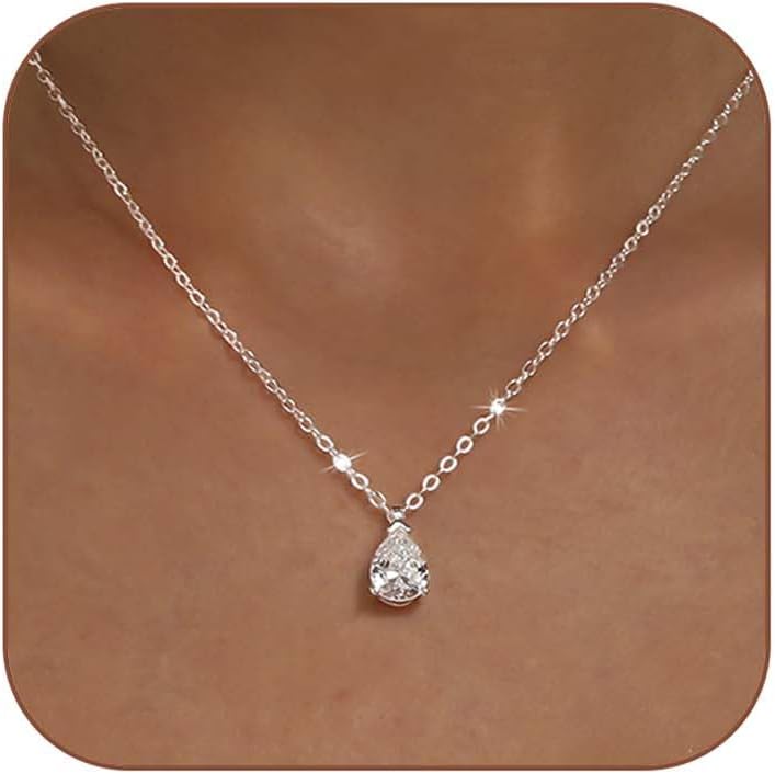Gold Silver Necklace for Women with Dainty Cubic Zirconia Pendant Teardrop CZ Charm 14K Gold Sterling Silver Plated Adjustable Chain - main view
