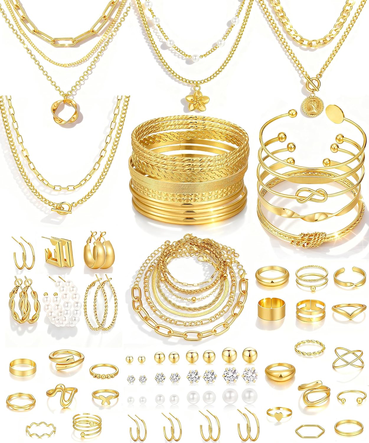78 Pieces Gold Jewelry Set for Women, 9 Necklace, 24 Bangle Bracelet, 22 Earrings, 23 Knuckle Rings Gold Plated Jewerly set for Women Gift - main view