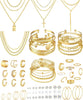 78 Pieces Gold Jewelry Set for Women, 9 Necklace, 24 Bangle Bracelet, 22 Earrings, 23 Knuckle Rings Gold Plated Jewerly set for Women Gift - gold chunky
