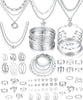 78 Pieces Gold Jewelry Set for Women, 9 Necklace, 24 Bangle Bracelet, 22 Earrings, 23 Knuckle Rings Gold Plated Jewerly set for Women Gift - silver
