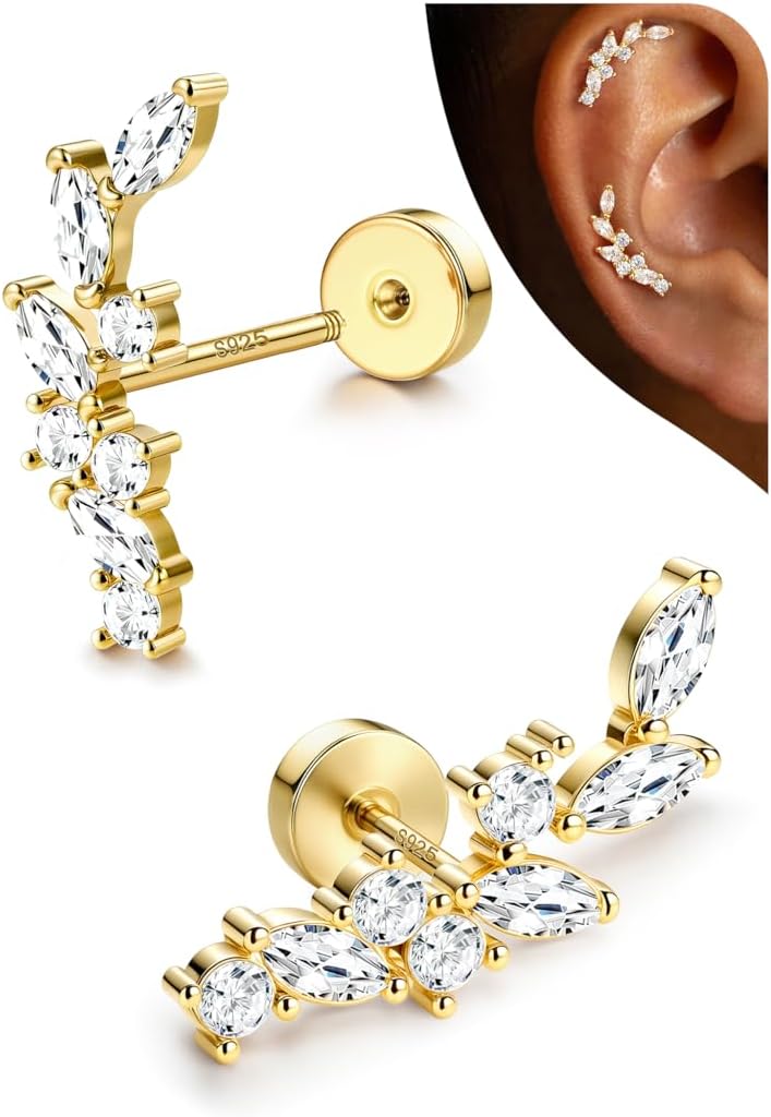 Cartilage Earrings for Women Flat Back-925 Sterling Silver Post Stud Flatback Earrings -20G Ear Crawler Climber Cartilage Earring Tragus Conch Helix - main view