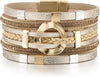 Leather Wrap Bracelets for Women Boho Layered Cuff Bangle with Multi layer Leather Cuff Daily wear Stackable Bangle Easy on off Western - Gold-3