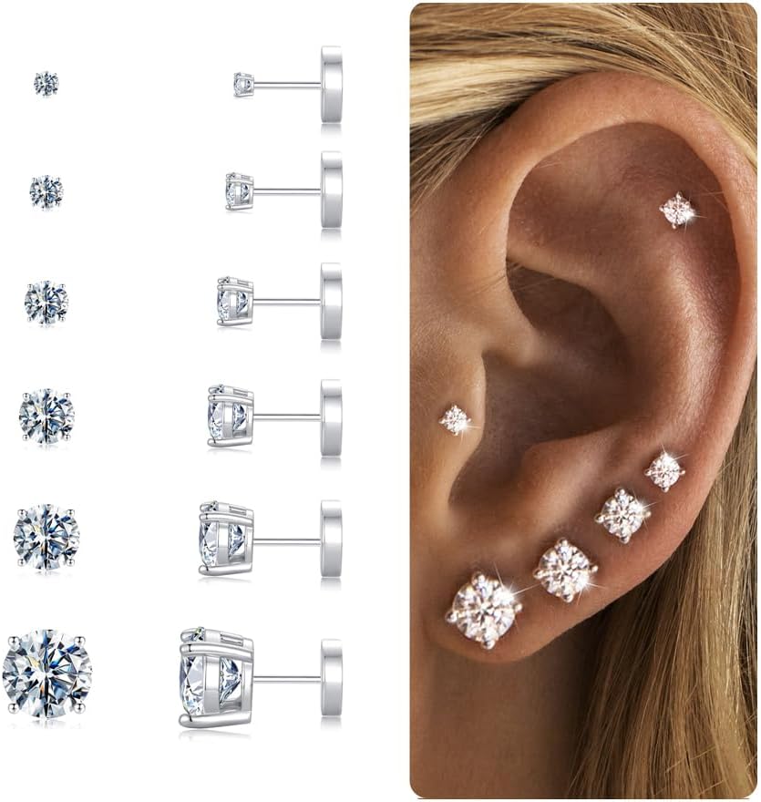 6 Pairs Flat Back Earrings for Women, Stud Earring Set - main view