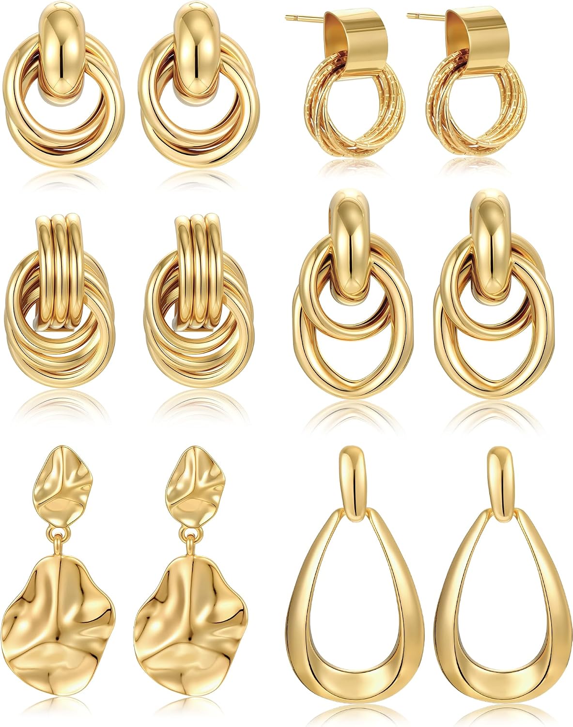 6 Pairs Chunky Gold Plated Knot Earrings for Women - main view
