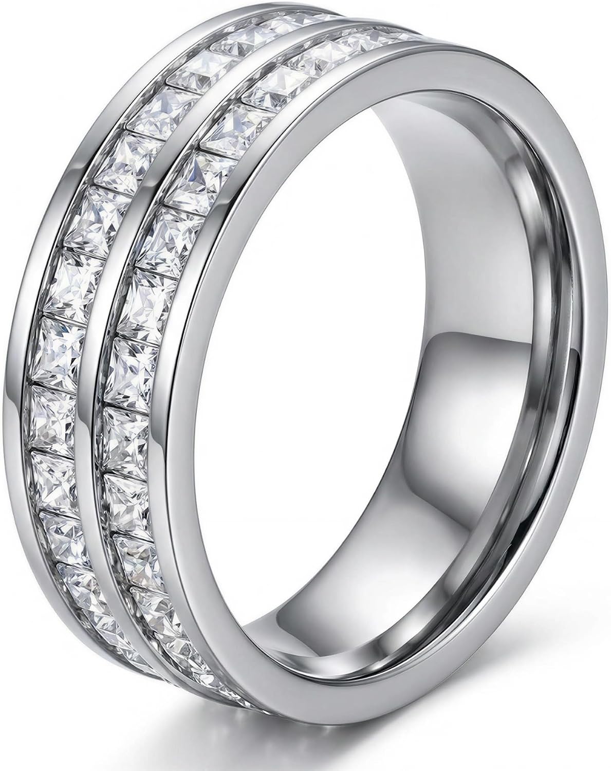 Dazzling Cubic Zirconia Band Ring for Women, Stainless Steel Titanium Women Finger Thumb Ring in Silver/Gold Tone, Wedding Eternity Band Infinity - main view