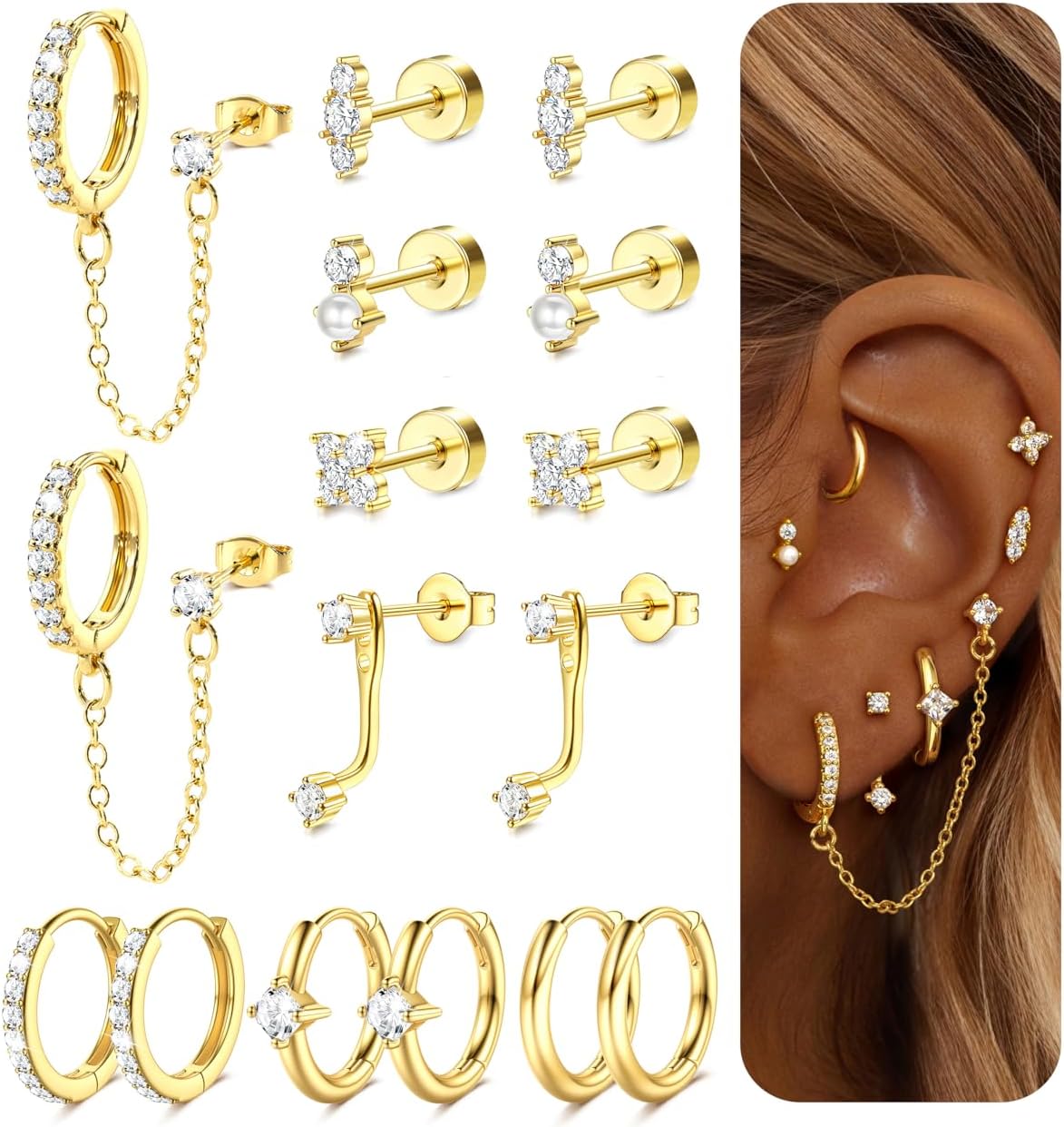 Gold Earrings for Women Flat Back Earrings Earring Stacks - main view