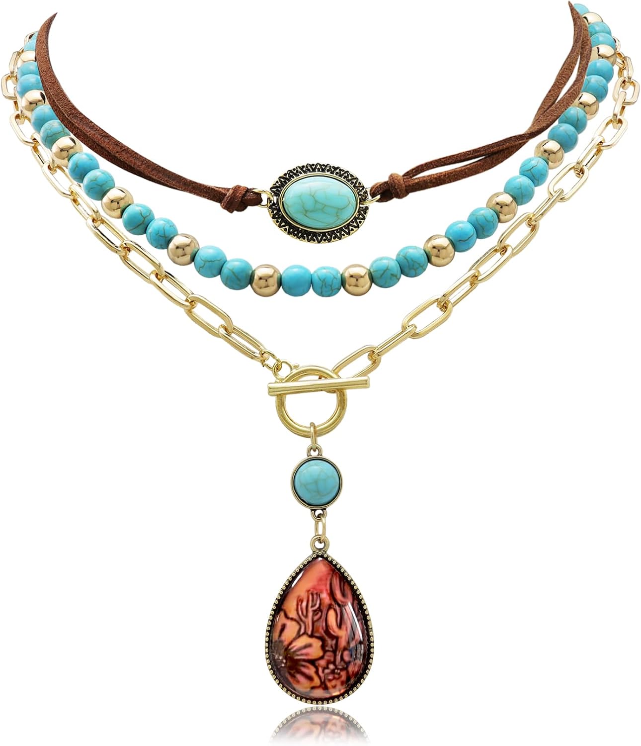 3 Pcs Layered Western Cowgirl Necklaces for Women Boho Turquoise Beaded Western Jewelry Rhinestone Cowboy Hat Boots Ox-Head Pendant Choker Paperclip - main view