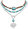 3 Pcs Layered Western Cowgirl Necklaces for Women Boho Turquoise Beaded Western Jewelry Rhinestone Cowboy Hat Boots Ox-Head Pendant Choker Paperclip - Heart Vintage Silver