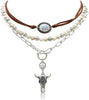 3 Pcs Layered Western Cowgirl Necklaces for Women Boho Turquoise Beaded Western Jewelry Rhinestone Cowboy Hat Boots Ox-Head Pendant Choker Paperclip - Vintage Silver OX-Head White