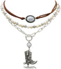 3 Pcs Layered Western Cowgirl Necklaces for Women Boho Turquoise Beaded Western Jewelry Rhinestone Cowboy Hat Boots Ox-Head Pendant Choker Paperclip - Vintage Silver Boots White