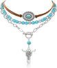 3 Pcs Layered Western Cowgirl Necklaces for Women Boho Turquoise Beaded Western Jewelry Rhinestone Cowboy Hat Boots Ox-Head Pendant Choker Paperclip - Concho Vintage Silver OX-Head