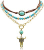 3 Pcs Layered Western Cowgirl Necklaces for Women Boho Turquoise Beaded Western Jewelry Rhinestone Cowboy Hat Boots Ox-Head Pendant Choker Paperclip - Ox-Head Vintage Gold