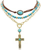 3 Pcs Layered Western Cowgirl Necklaces for Women Boho Turquoise Beaded Western Jewelry Rhinestone Cowboy Hat Boots Ox-Head Pendant Choker Paperclip - Vintage Gold Cross