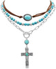 3 Pcs Layered Western Cowgirl Necklaces for Women Boho Turquoise Beaded Western Jewelry Rhinestone Cowboy Hat Boots Ox-Head Pendant Choker Paperclip - Vintage Silver Cross