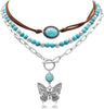 3 Pcs Layered Western Cowgirl Necklaces for Women Boho Turquoise Beaded Western Jewelry Rhinestone Cowboy Hat Boots Ox-Head Pendant Choker Paperclip - Vintage Silver Butterfly