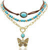 3 Pcs Layered Western Cowgirl Necklaces for Women Boho Turquoise Beaded Western Jewelry Rhinestone Cowboy Hat Boots Ox-Head Pendant Choker Paperclip - Vintage Gold Butterfly