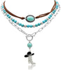 3 Pcs Layered Western Cowgirl Necklaces for Women Boho Turquoise Beaded Western Jewelry Rhinestone Cowboy Hat Boots Ox-Head Pendant Choker Paperclip - Black Hat Boots Vintage Silver
