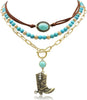 3 Pcs Layered Western Cowgirl Necklaces for Women Boho Turquoise Beaded Western Jewelry Rhinestone Cowboy Hat Boots Ox-Head Pendant Choker Paperclip - Vintage Gold Cowboy Boots