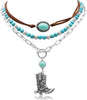 3 Pcs Layered Western Cowgirl Necklaces for Women Boho Turquoise Beaded Western Jewelry Rhinestone Cowboy Hat Boots Ox-Head Pendant Choker Paperclip - Vintage Silver Cowboy Boots