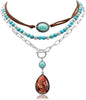 3 Pcs Layered Western Cowgirl Necklaces for Women Boho Turquoise Beaded Western Jewelry Rhinestone Cowboy Hat Boots Ox-Head Pendant Choker Paperclip - Vintage Sliver Cactus