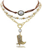 3 Pcs Layered Western Cowgirl Necklaces for Women Boho Turquoise Beaded Western Jewelry Rhinestone Cowboy Hat Boots Ox-Head Pendant Choker Paperclip - White Vintage Gold Boots
