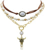 3 Pcs Layered Western Cowgirl Necklaces for Women Boho Turquoise Beaded Western Jewelry Rhinestone Cowboy Hat Boots Ox-Head Pendant Choker Paperclip - White Vintage Gold OX-Head