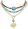 3 Pcs Layered Western Cowgirl Necklaces for Women Boho Turquoise Beaded Western Jewelry Rhinestone Cowboy Hat Boots Ox-Head Pendant Choker Paperclip - Heart Vintage Gold