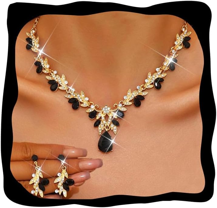 Rhinestone Bridal Wedding Jewelry Sets Gold Necklace Earrings Set Leaf Prom Formal Costume Jewelry Set for Women and Brides - main view