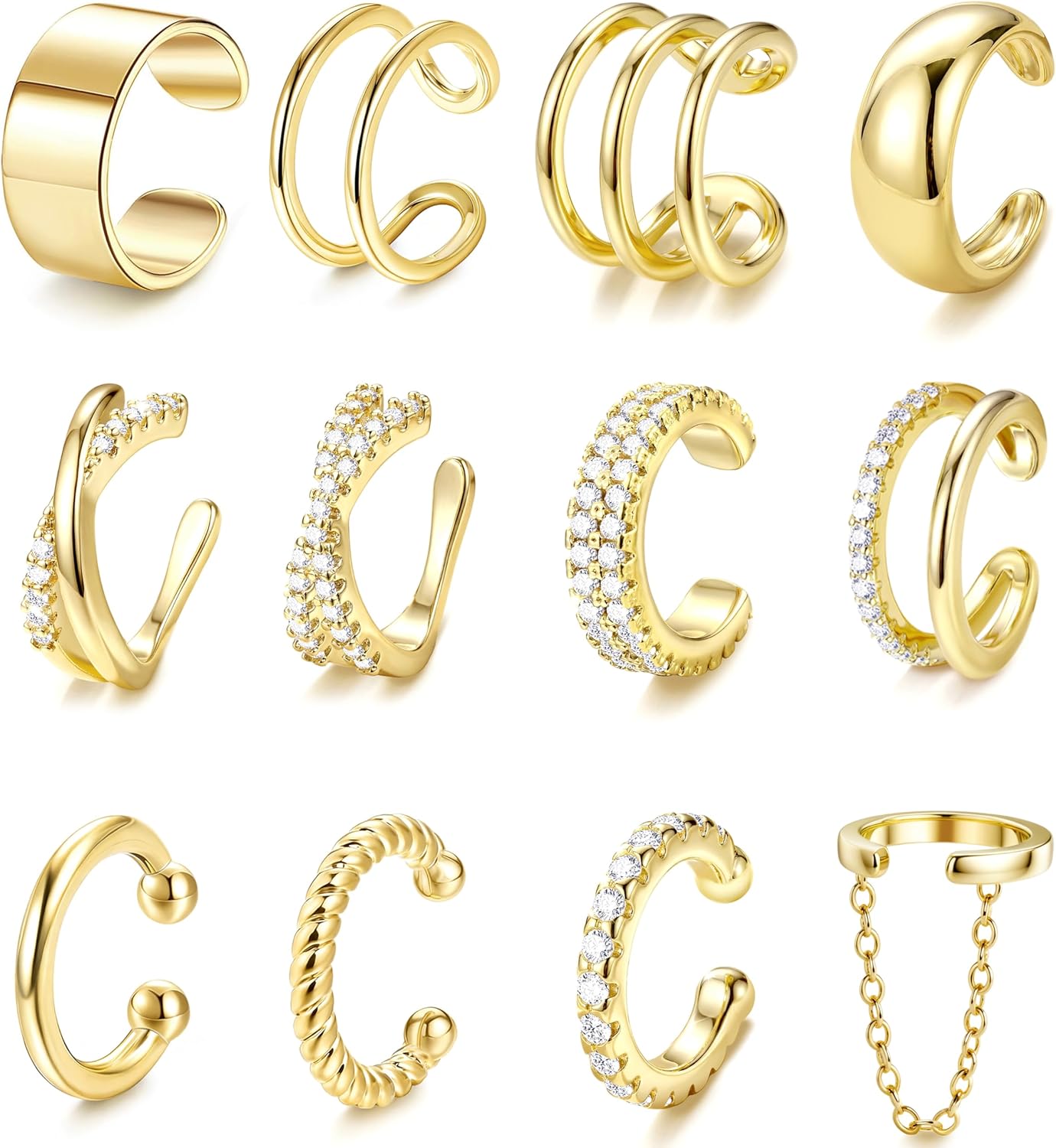 12Pcs Ear Cuffs Non Piercing - 14K Gold Plated Ear Cuff Earrings for Women Adjustable Earring Cuffs for Non Pierced Ears Clip on Cartilage Earring - main view