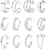 12Pcs Ear Cuffs Non Piercing - 14K Gold Plated Ear Cuff Earrings for Women Adjustable Earring Cuffs for Non Pierced Ears Clip on Cartilage Earring - Silver Plated