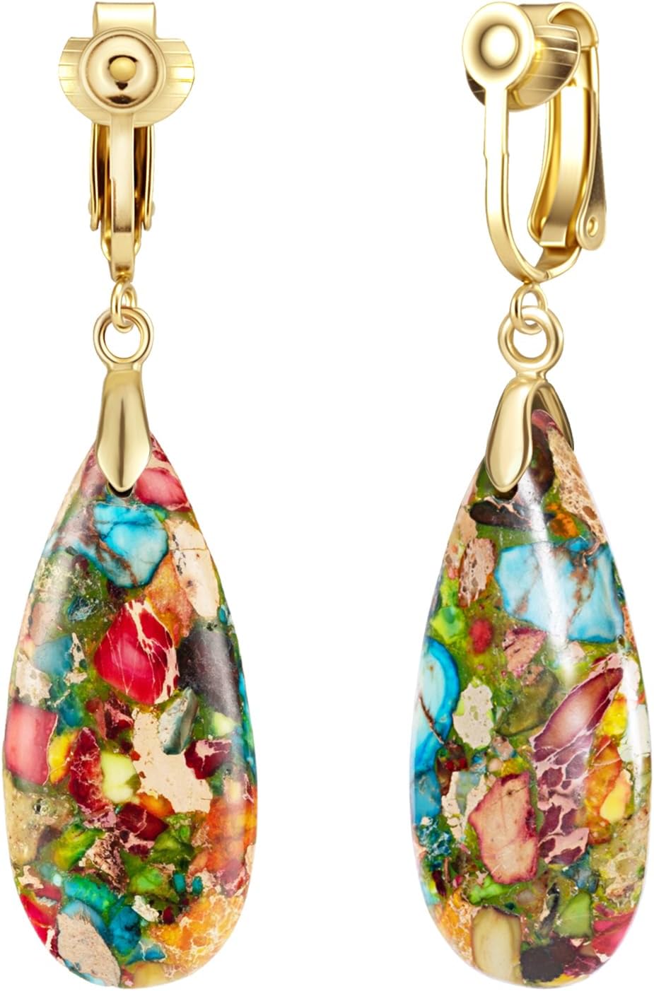 Boho Long Teardrop Stone Clip on Earrings for Women Stone Statement Earrings Non Pierced Gold Tone - main view