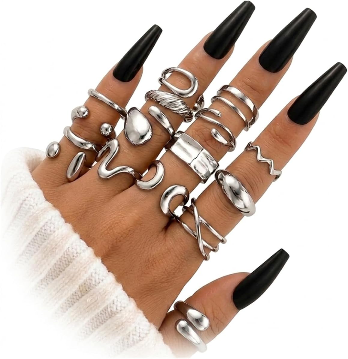 16 PCS Silver Chunky Rings Set for Women, 14k Silver Plated Thick Dome Stackable Open Rings Trendy Dainty Minimalist Jewelry Gifts - main view