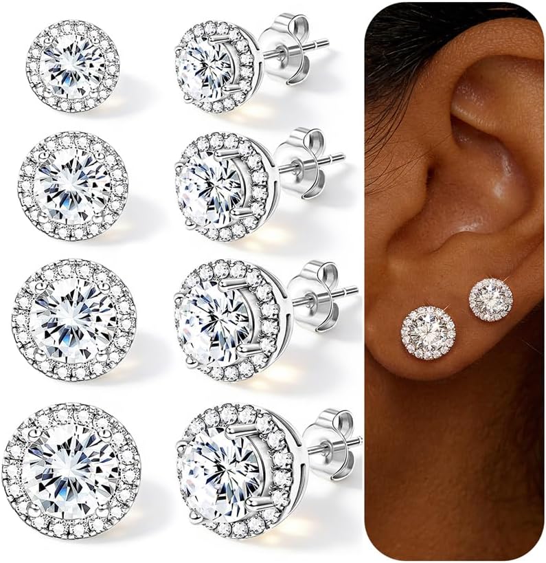 4 Pairs Silver Stud Earrings for Women, 18K Silver Plated Premium Cubic Zirconia Earrings, Halo Round Square Stud Earrings Set for Women - main view