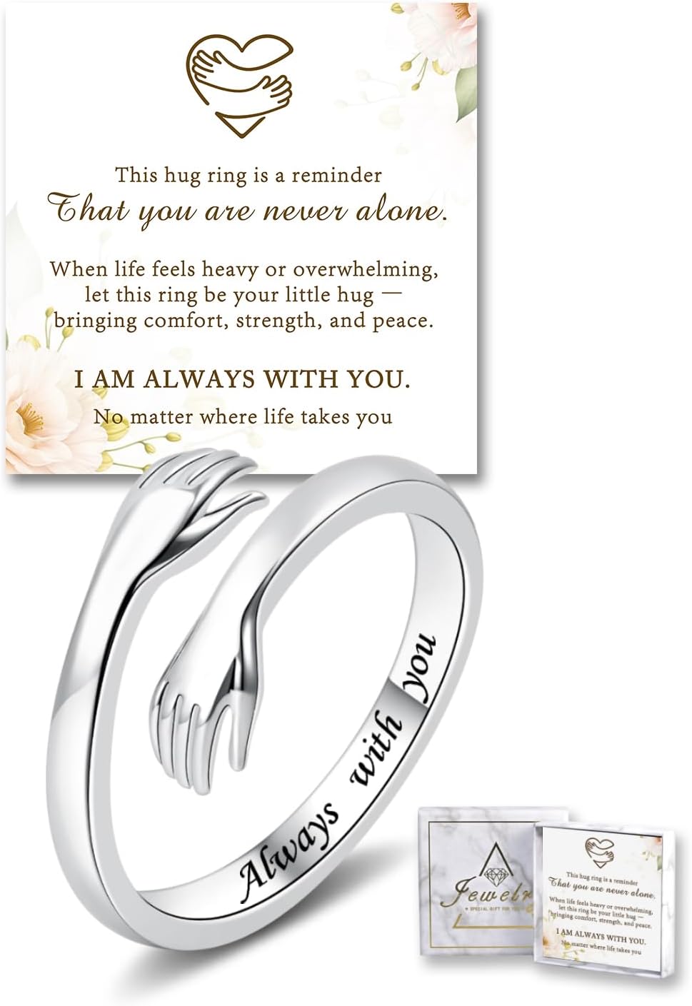 Sterling Silver Hug Ring for Women Adjustable Love Promise Ring Inspirational Open Rings Birthday Gift for Best Friend - main view