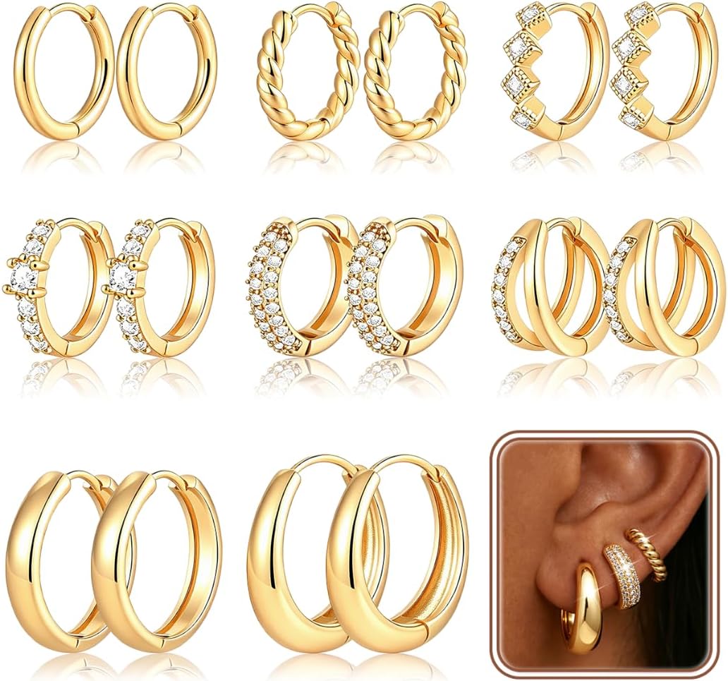 8 Pairs Gold Hoop Earrings Set for Women, 14K Gold Plated Stackable Gifts - main view