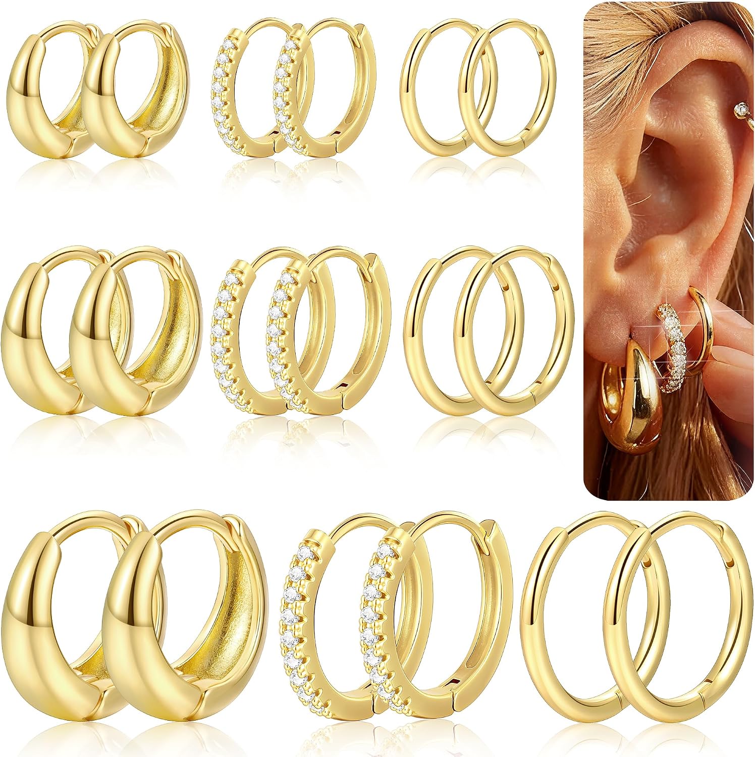 9 Pairs Gold Huggie Hoop Earrings for Women, 14K Gold Plated Stackable Set - main view