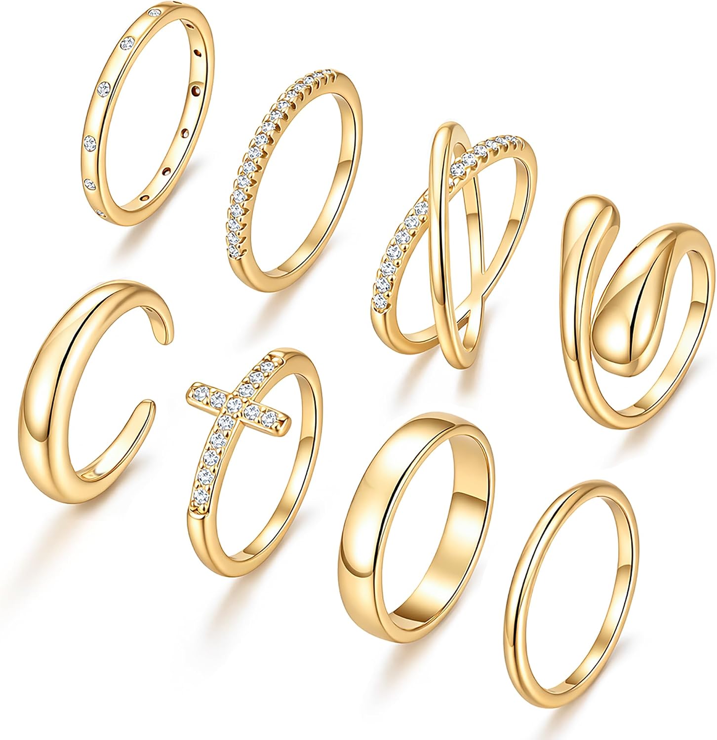 Chunky Gold Rings for Women, 14K Gold Plated Dainty Stackable Cross Cubic Zirconia Ring Set, Knuckle Stacking Pinky Thumb Ring Statement Wedding - main view