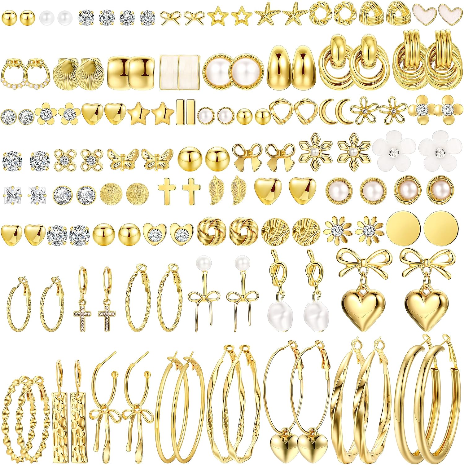 75 Pairs Gold Stud Earrings Set for Women, Trendy Pearl Cubic Zirconia Multiple Piercings Earrings Packs, Stud Hoops Earrings for Gift Jewelry - main view