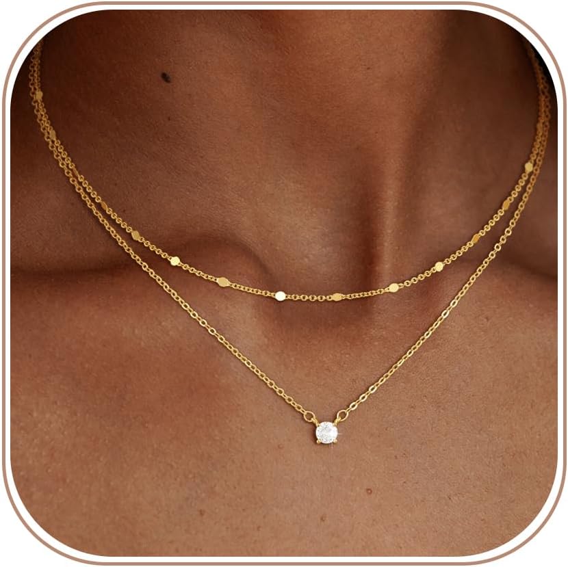 Layered Gold Necklaces for Women with 14K Plated Gold Sterling Silver Plated Dainty Pendant Necklace Set with Cubic Zirconia Stackable Chain Choker - main view