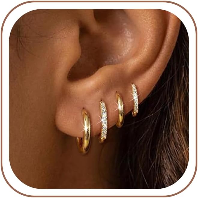 4 Pair Small Gold Hoop Earrings for Women Sensitive Ears - 14k Real Gold Plated Hoops Zirconia Cartilage Huggie Earrings Set Helix Piercing Earring - main view