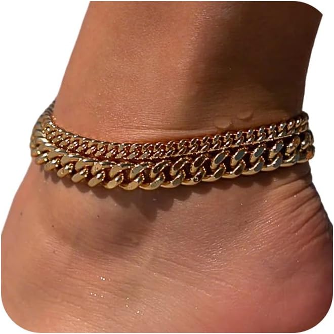 Chunky Ankle Bracelets for Women, Dainty Layered Anklet for Women Adjustable Cuban Set Stackable Cute Summer Beach Jewelry Gift - main view