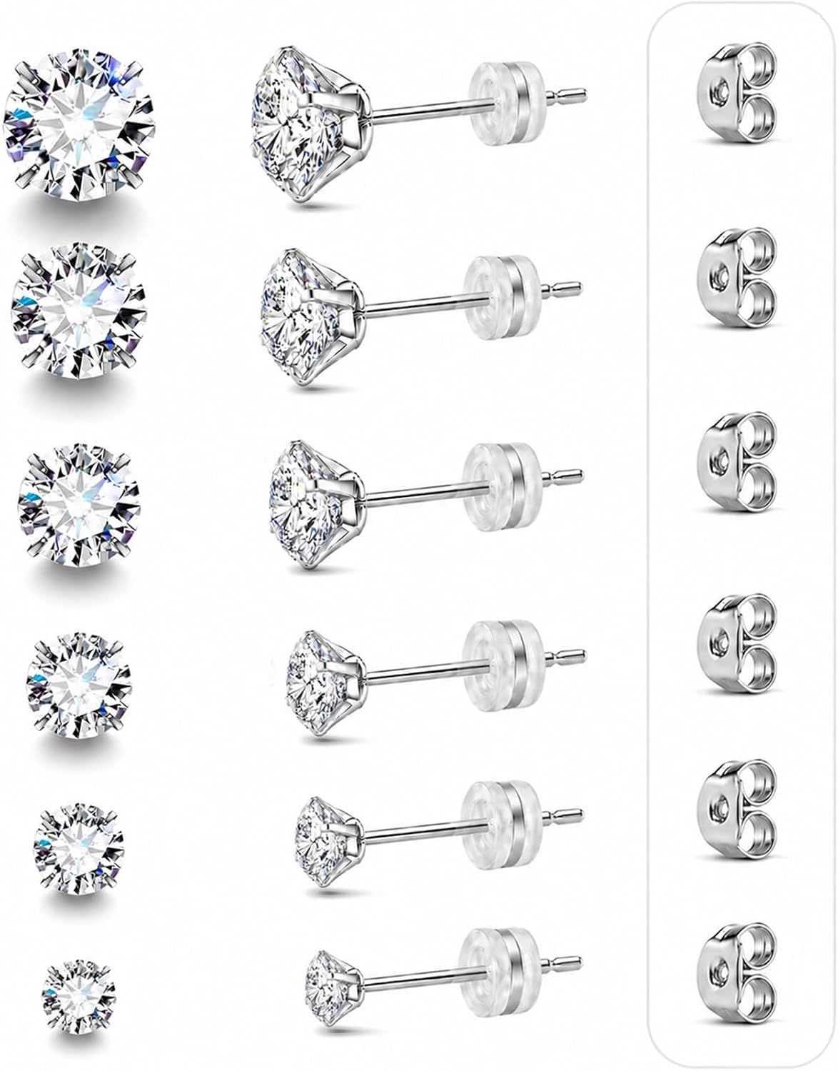 6 Pairs CZ Stud Earrings Set, 316L Surgical Stainless Steel - main view