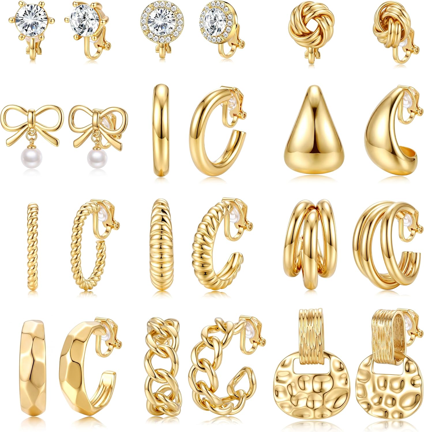 10/11/12 Pairs 16K Gold Plated Clip on Hoop Stud Earrings Set for Women - main view