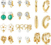 10/11/12 Pairs 16K Gold Plated Clip on Hoop Stud Earrings Set for Women - 11 Pairs Set One