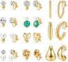 10/11/12 Pairs 16K Gold Plated Clip on Hoop Stud Earrings Set for Women - 11 Pairs Set Two